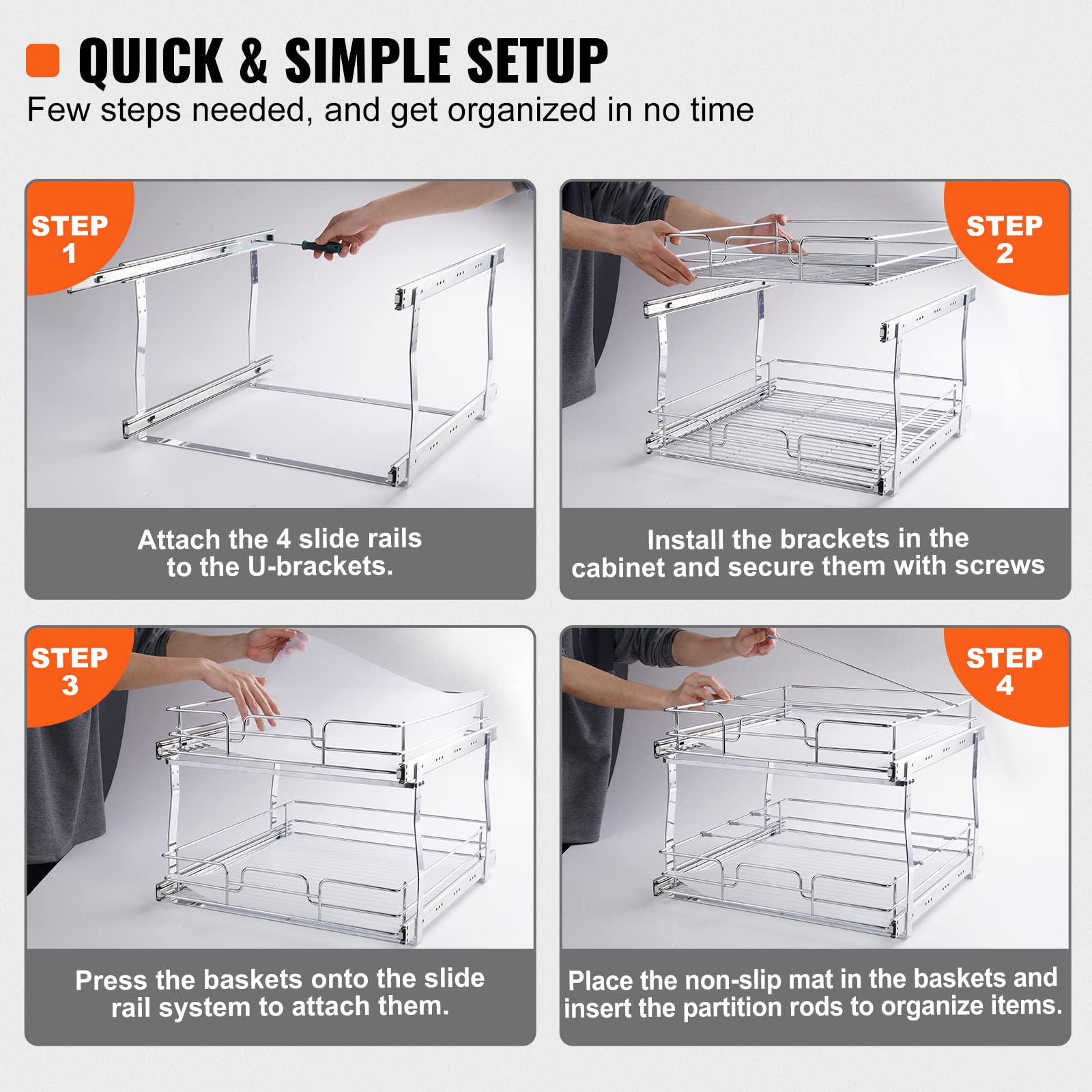 Vevor 2 Tier 16''W X 21''D Pull Out Cabinet Organizer, Heavy Duty Slide Out Pantry Shelves, Chrome-Plated Steel Roll Out Drawers